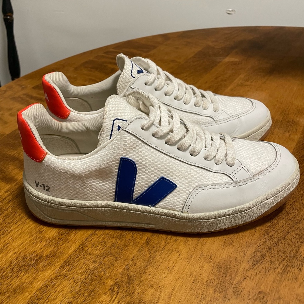 Veja Women’s V-12 White, Blue, and Orange Sneakers - Picture 2 of 9